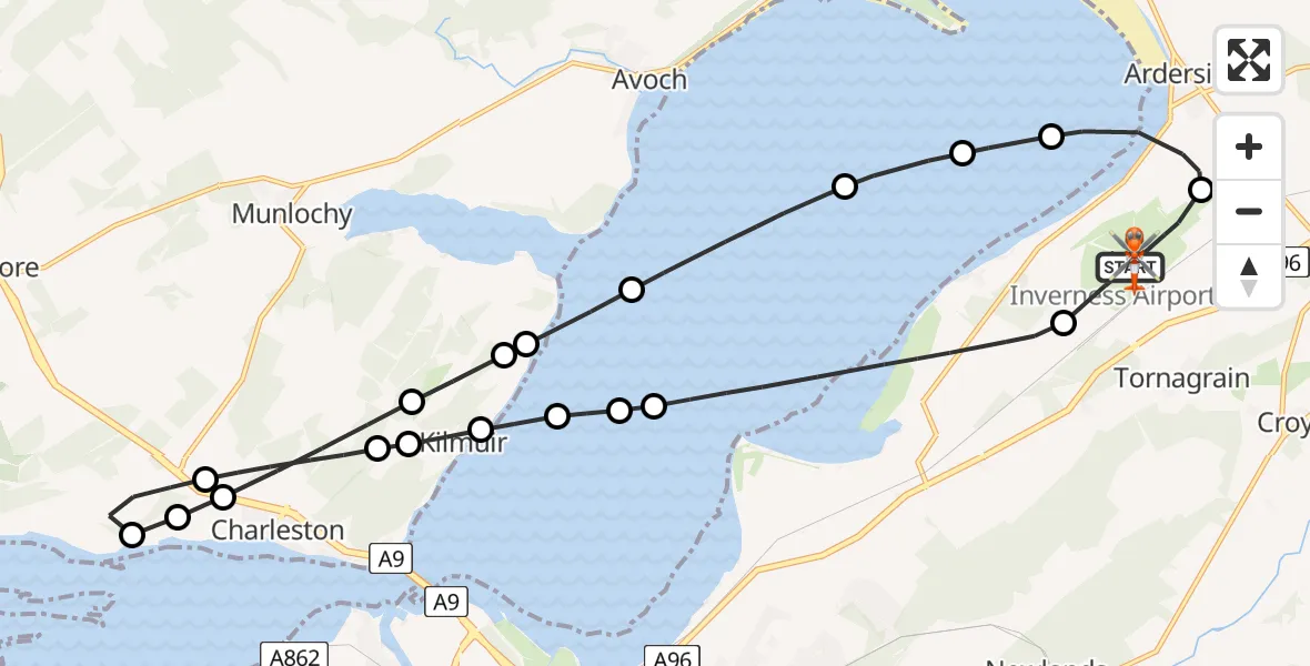 Flight path map showing Coastguard Helicopter route from Inverness Airport to Inverness Airport