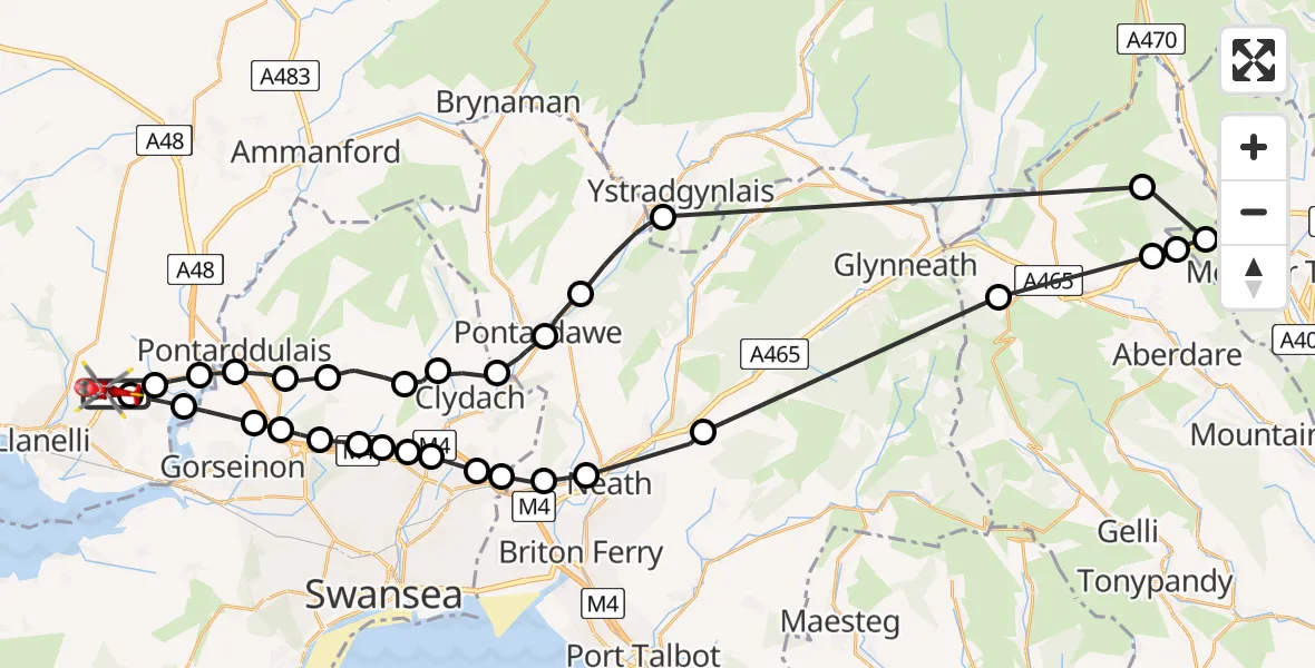 Flight path map showing Air Ambulance Helicopter route from Dafen to Dafen