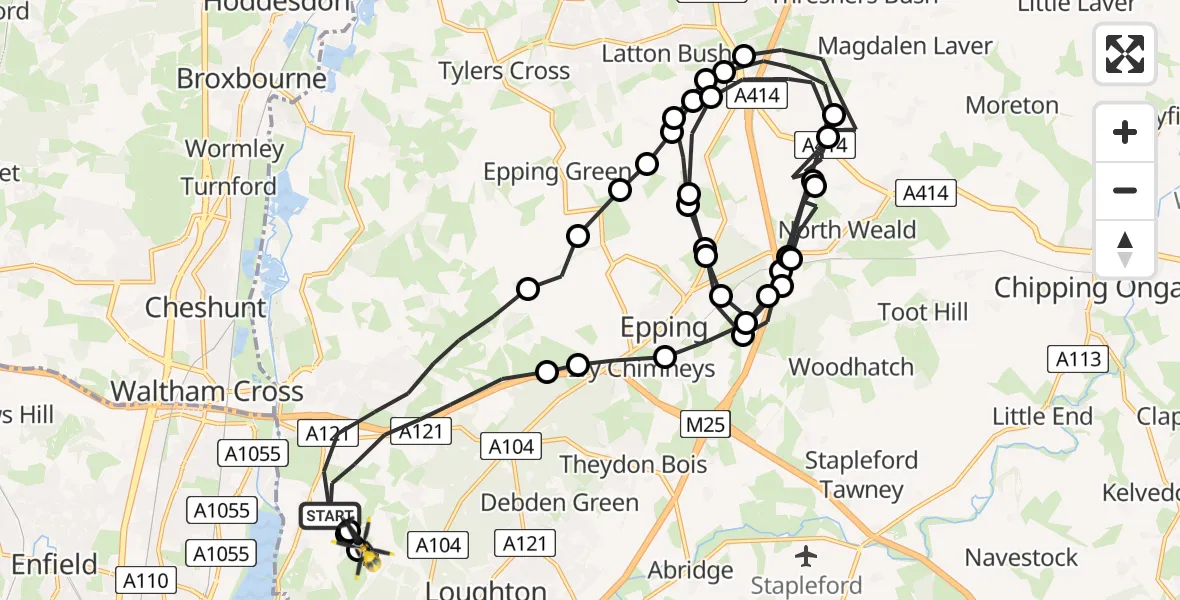 Flight path map showing Police Helicopter route from Epping Forest to Sewardstonebury