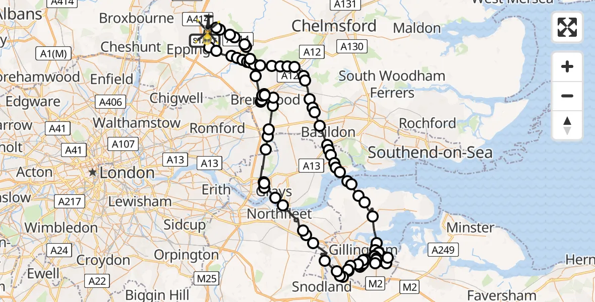 Flight path map showing Police Helicopter route from North Weald Airfield to North Weald Airfield