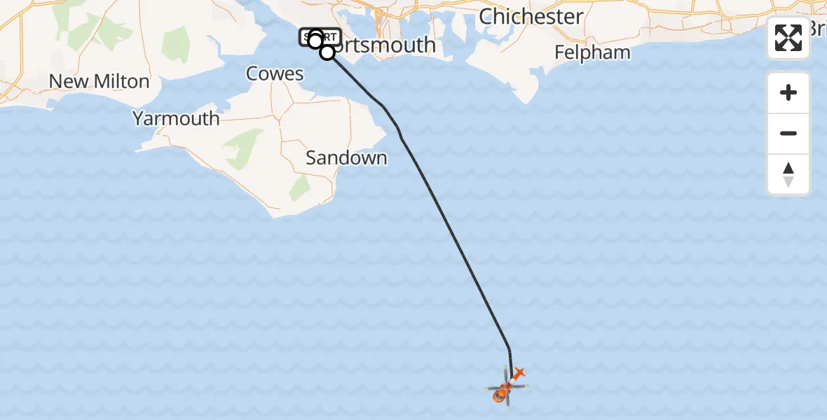 Flight path map showing Coastguard Helicopter route from Solent Airport to English Channel