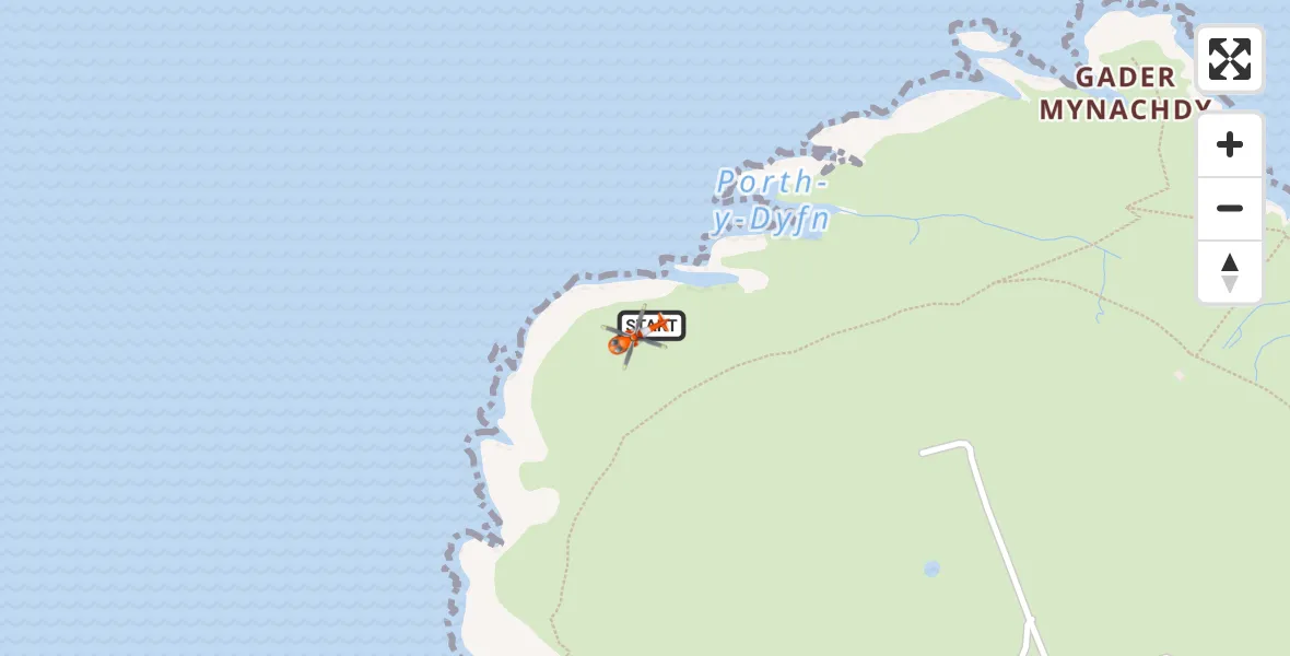 Flight path map showing Coastguard Helicopter route from Llanfaethlu to Llanfaethlu