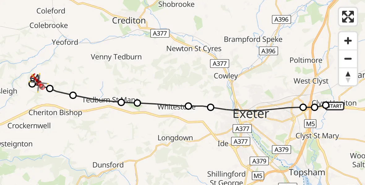 Flight path map showing Air Ambulance Helicopter route from Clyst Honiton to Mid Devon