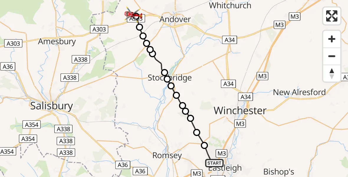 Flight path map showing Air Ambulance Helicopter route from Chandler's Ford to Thruxton