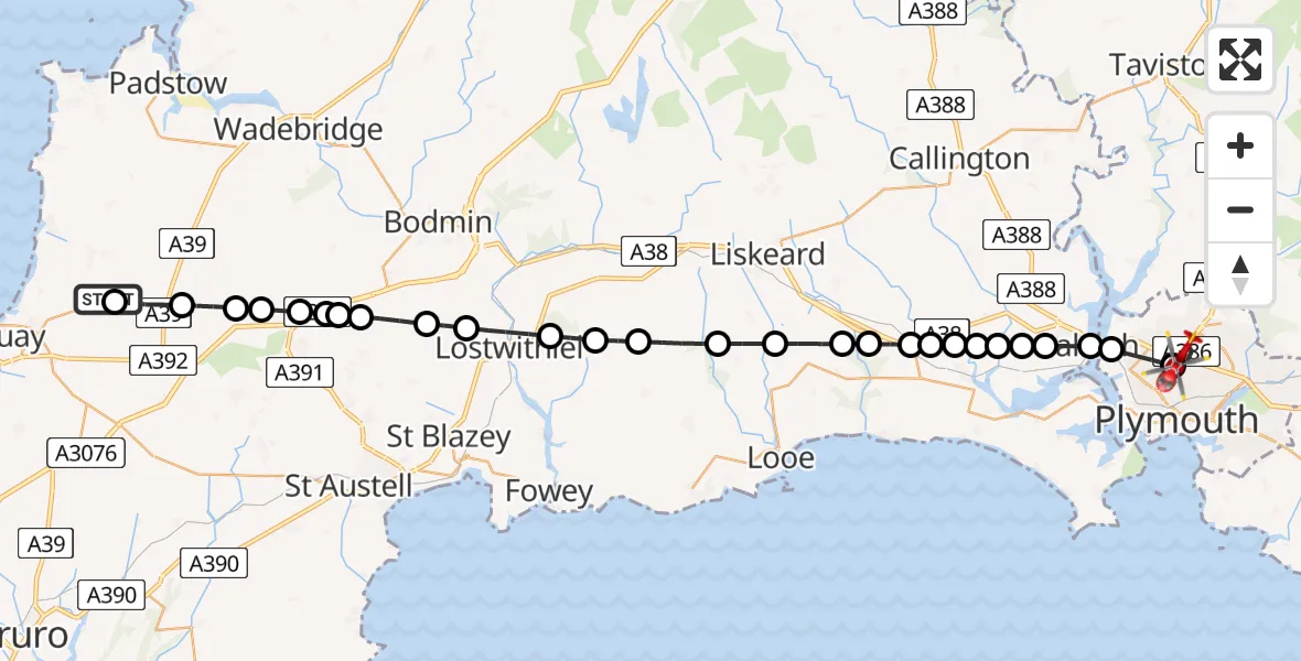 Flight path map showing Air Ambulance Helicopter route from Cornwall Airport Newquay to Crownhill