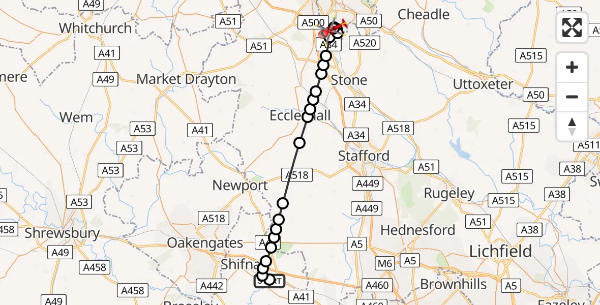 Flight path map showing Air Ambulance Helicopter route from RAF Cosford to Stoke-on-Trent