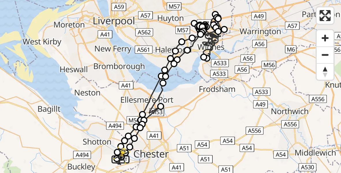 Flight path map showing Police Helicopter route from Hawarden Airport to Hawarden Airport