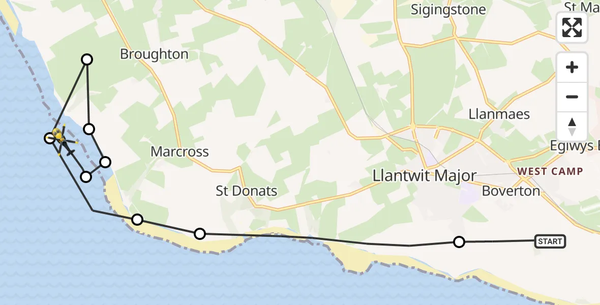 Flight path map showing Police Helicopter route from Boverton to Monknash