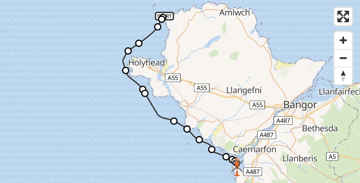 Flight path map showing Coastguard Helicopter route from Llanfaethlu to Caernarfon Airport