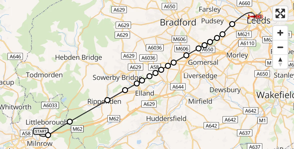 Flight path map showing Air Ambulance Helicopter route from Smithy Bridge to Leeds