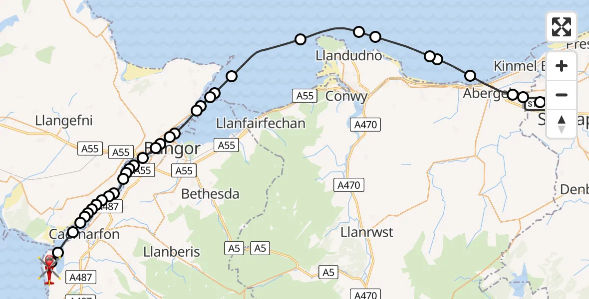 Flight path map showing Air Ambulance Helicopter route from Ysbyty Glan Clywd Hospital Heliport to Caernarfon Airport