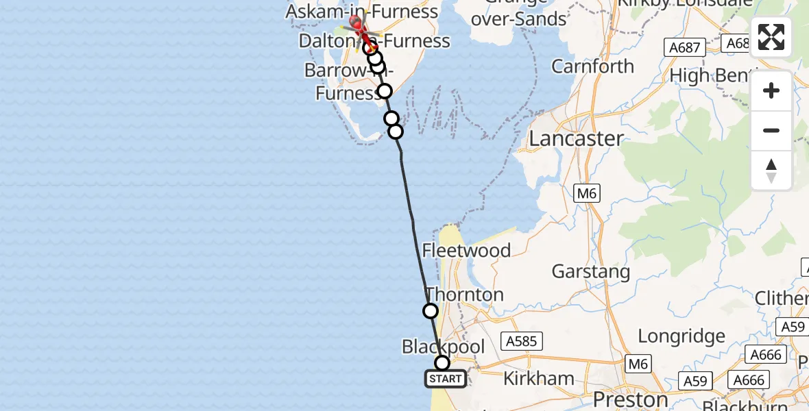 Flight path map showing Air Ambulance Helicopter route from Squires Gate to Dalton-in-Furness