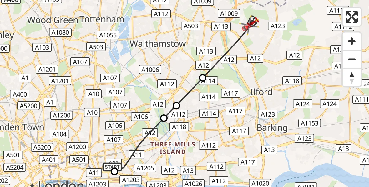Routekaart van de vlucht: Air Ambulance Helicopter to London Borough of Redbridge, Heathcote Avenue