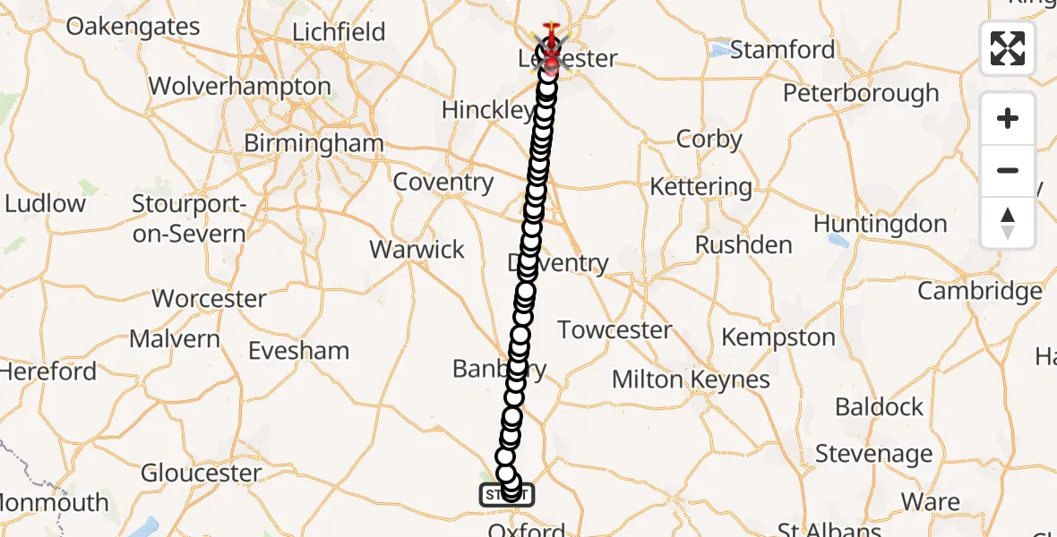 Flight path map showing Air Ambulance Helicopter route from London Oxford Airport to Leicester