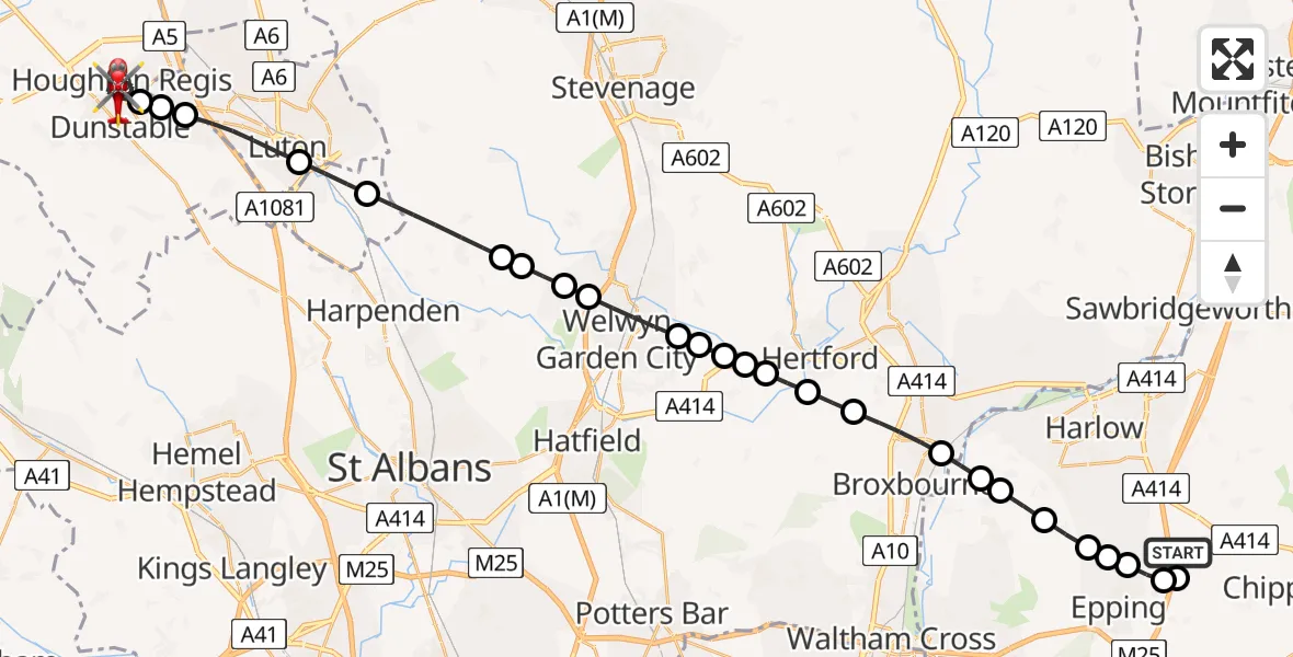 Flight path map showing Air Ambulance Helicopter route from North Weald Airfield to Houghton Regis