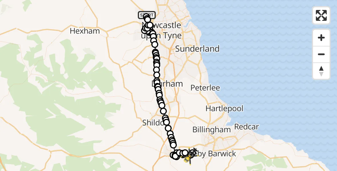 Flight path map showing Police Helicopter route from Newcastle International Airport to Teesside International Airport