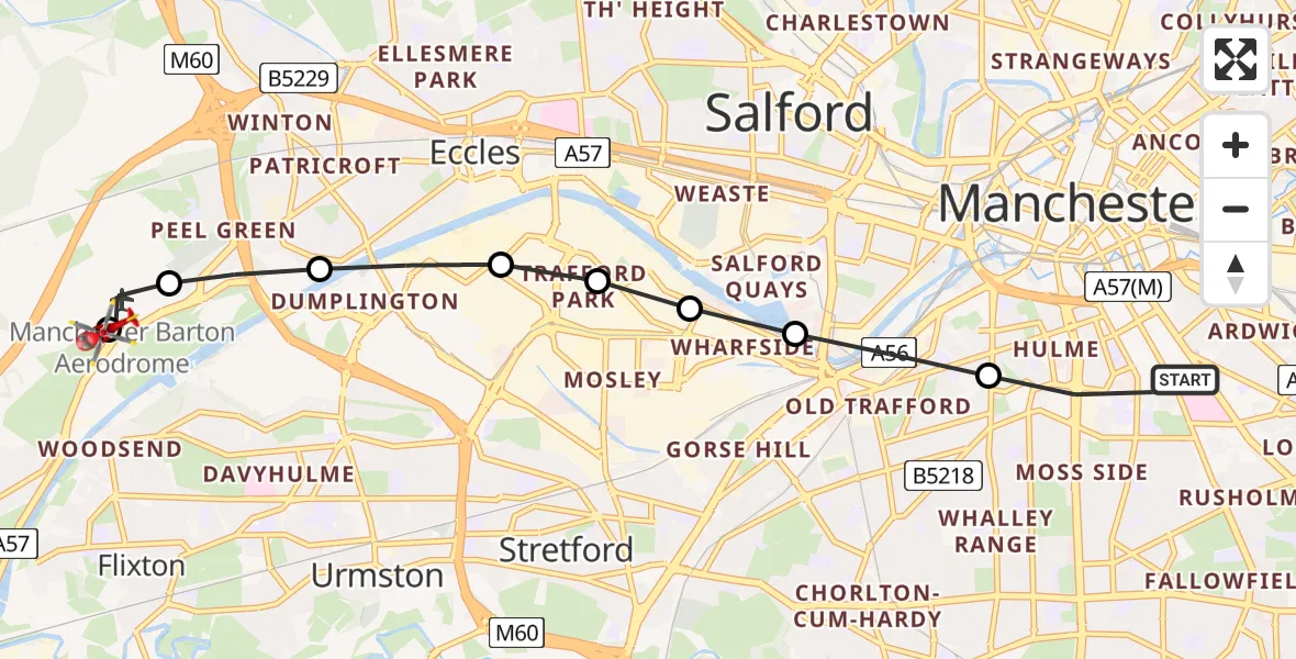 Flight path map showing Air Ambulance Helicopter route from Manchester to Irlam