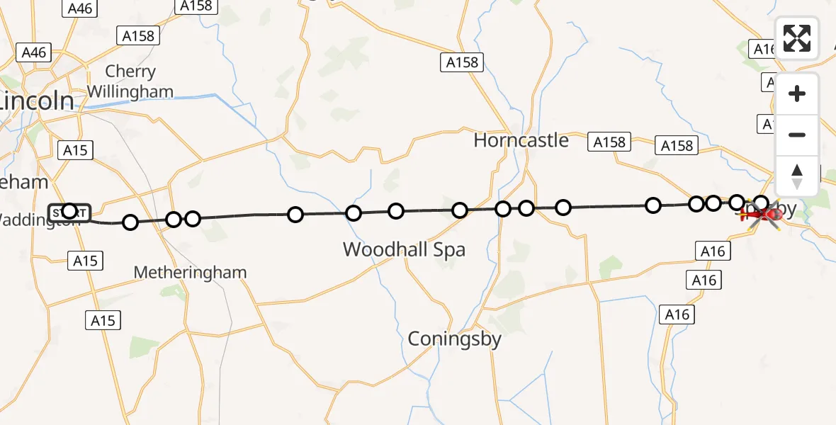 Flight path map showing Air Ambulance Helicopter route from RAF Waddington to Spilsby