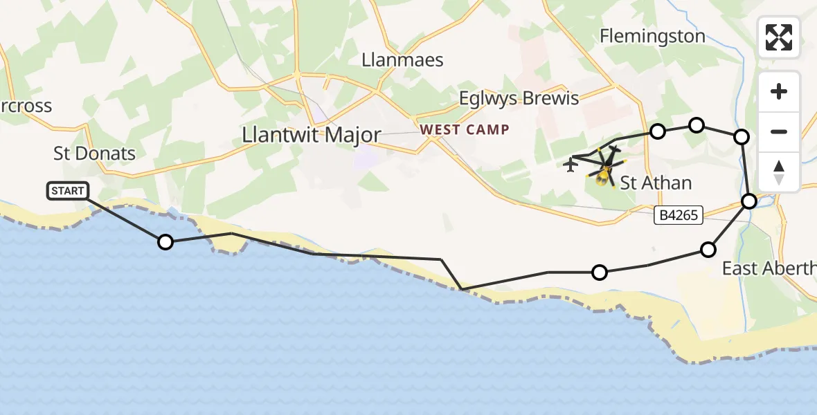 Flight path map showing Police Helicopter route from St Donats to MOD St Athan