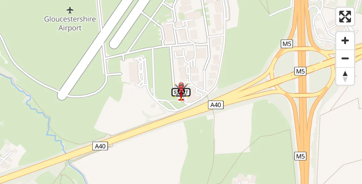 Flight path map showing Air Ambulance Helicopter route from Gloucestershire Airport to Churchdown