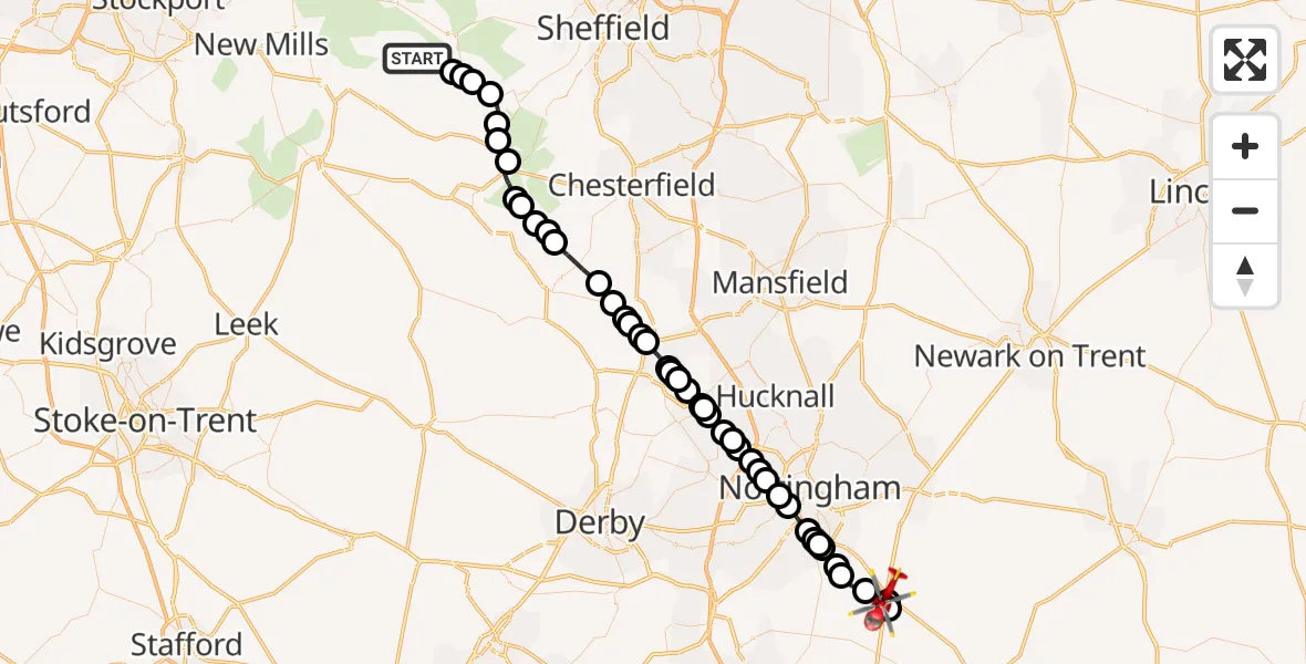 Flight path map showing Air Ambulance Helicopter route from Hope to Widmerpool