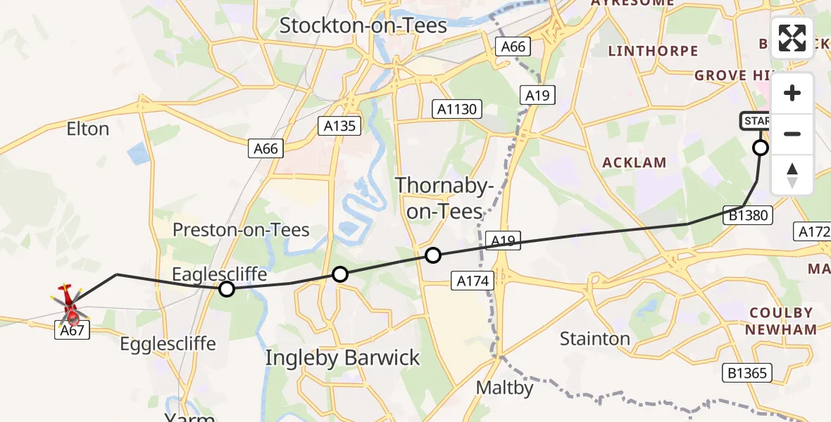 Flight path map showing Air Ambulance Helicopter route from James Cook University Hospital to Egglescliffe