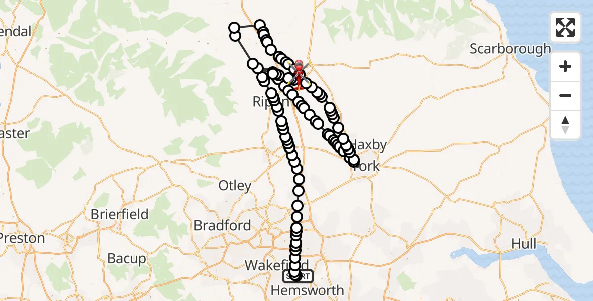 Flight path map showing Air Ambulance Helicopter route from YAA Nostell Helicopter Port to RAF Topcliffe
