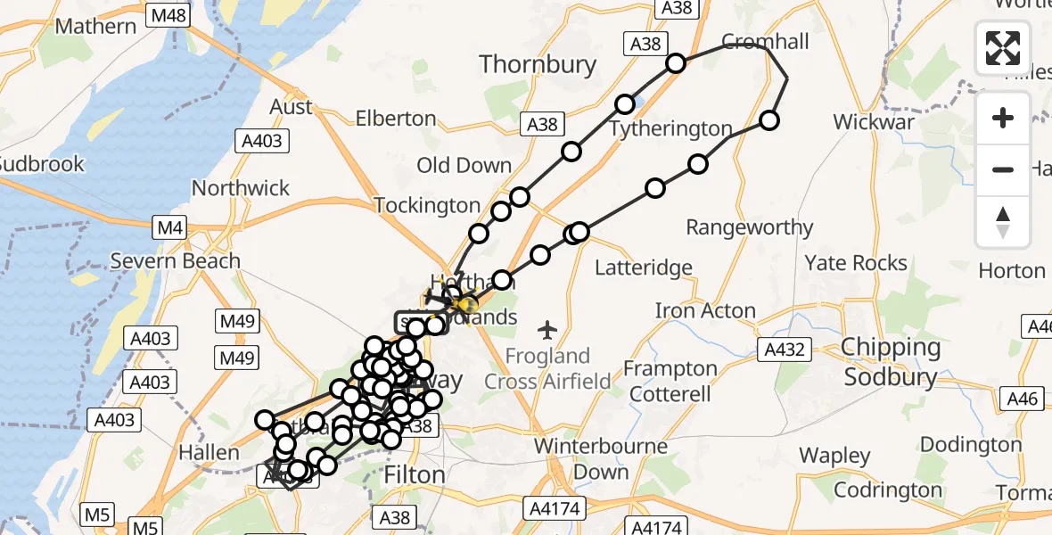 Flight path map showing Police Helicopter route from Almondsbury to Almondsbury Helicopter Base