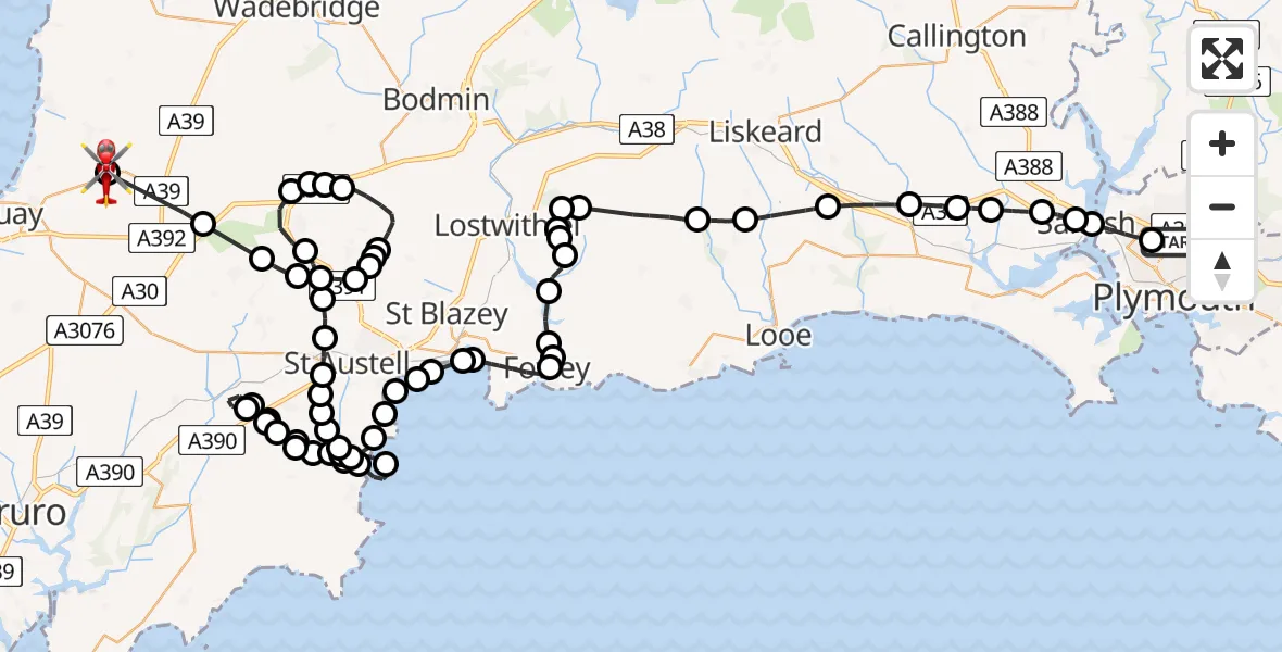 Flight path map showing Air Ambulance Helicopter route from Crownhill to Cornwall Airport Newquay