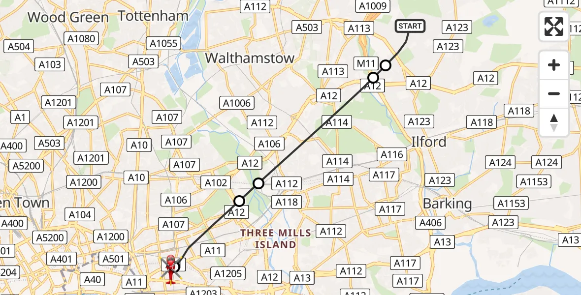 Flight path map showing Air Ambulance Helicopter route from London Borough of Redbridge to Royal London Hospital