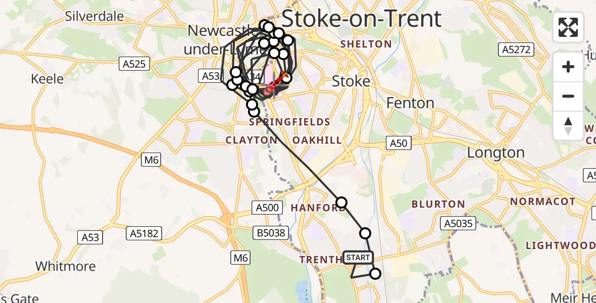 Flight path map showing Air Ambulance Helicopter route from Stoke-on-Trent to University Hospital North Staffs