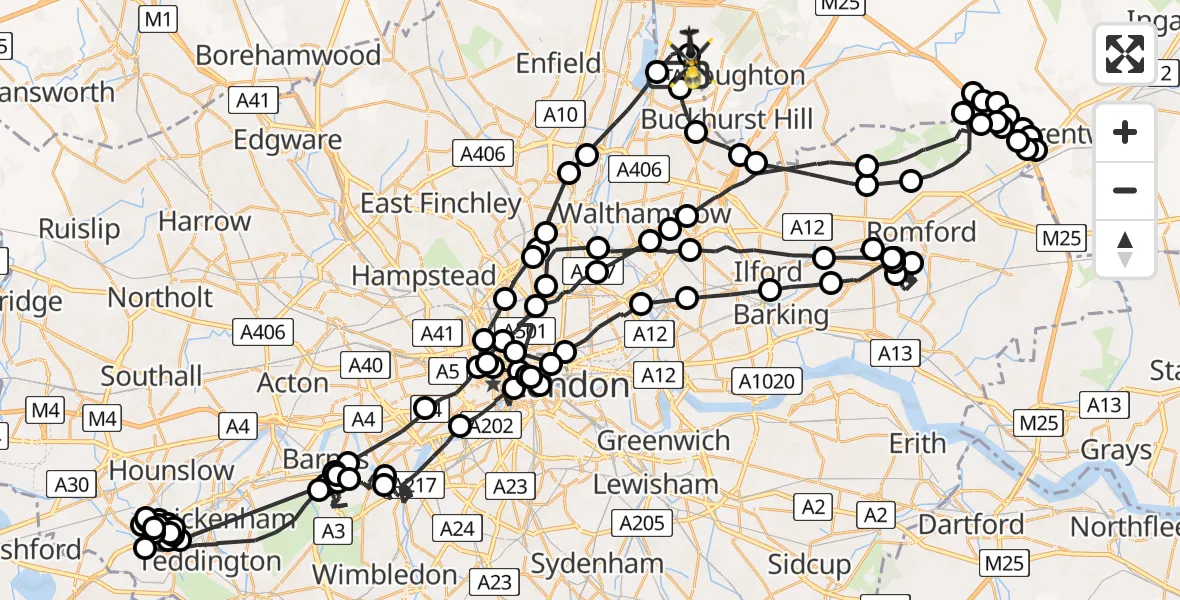 Flight path map showing Police Helicopter route from Greater London to Metropolitan Police Air Support Unit Lippitts Hill