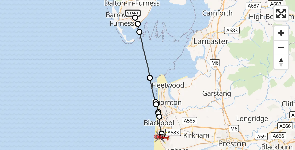 Flight path map showing Air Ambulance Helicopter route from Stank to Blackpool Airport