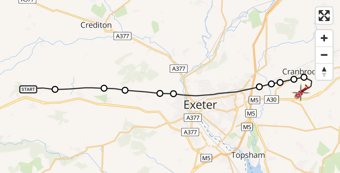 Flight path map showing Air Ambulance Helicopter route from Cheriton Bishop to Exeter International Airport