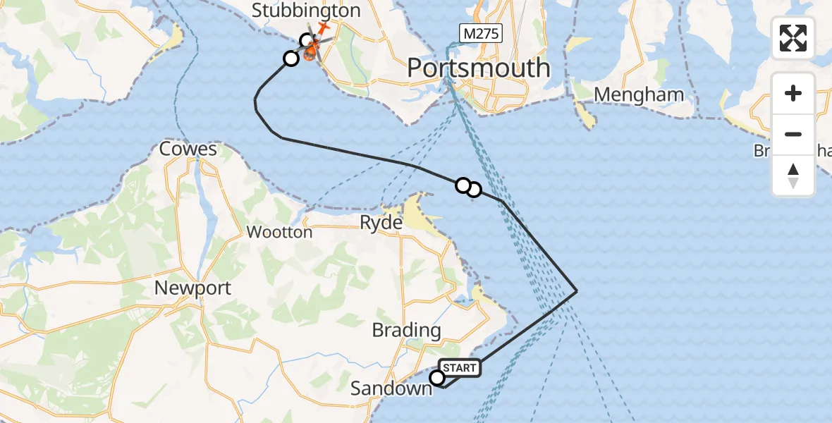 Flight path map showing Coastguard Helicopter route from Bembridge to Solent Airport