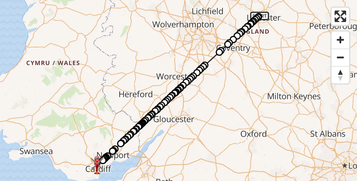 Flight path map showing Air Ambulance Helicopter route from Leicester to Cardiff