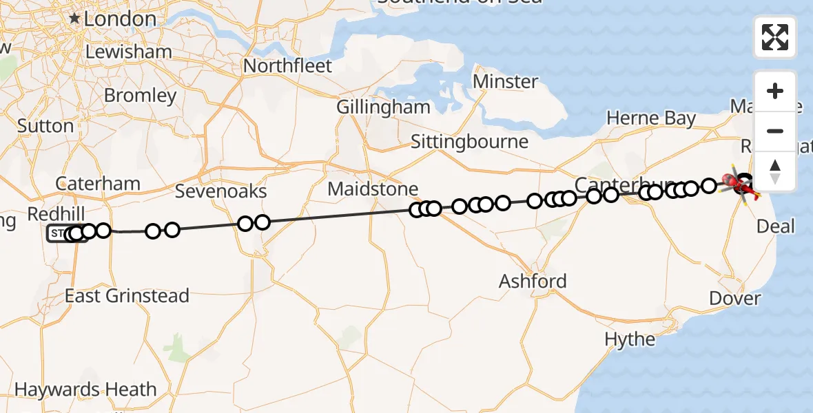 Flight path map showing Air Ambulance Helicopter route from Redhill Aerodrome to Sandwich
