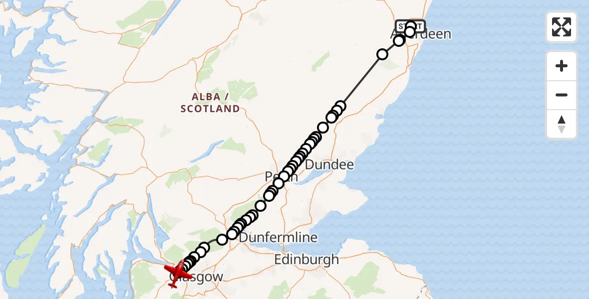 Flight path map showing Air Ambulance Aircraft route from Aberdeen International Airport to Glasgow Airport