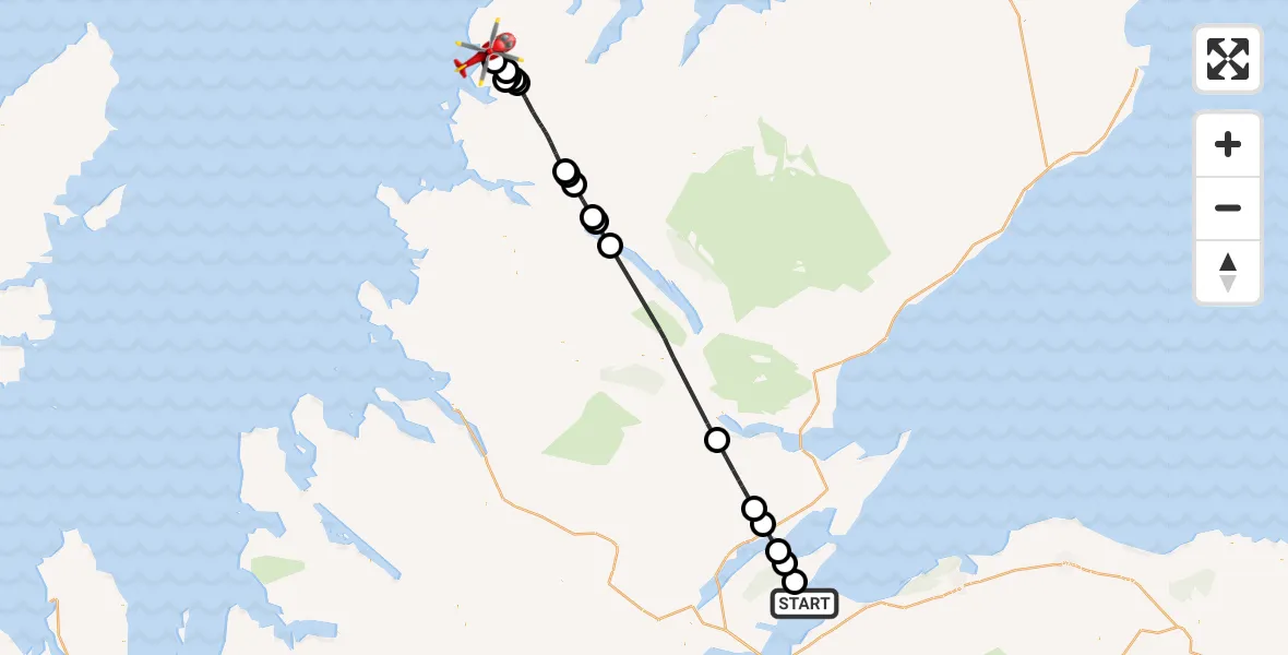 Flight path map showing Air Ambulance Helicopter route from Rosemarkie to Kinlochbervie