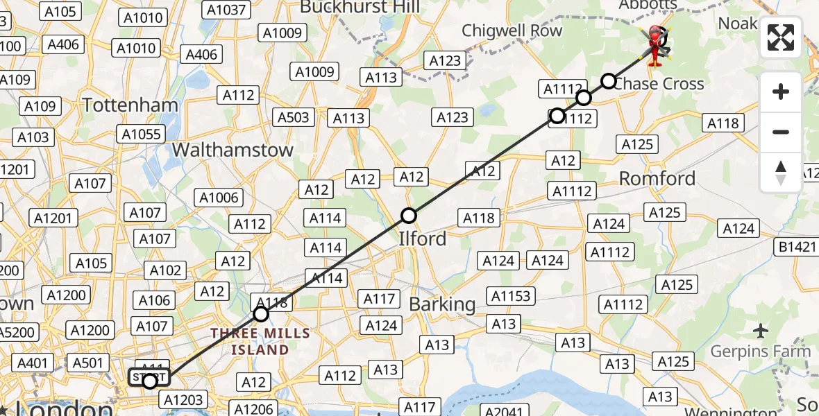 Flight path map showing Air Ambulance Helicopter route from Royal London Hospital to London Borough of Havering
