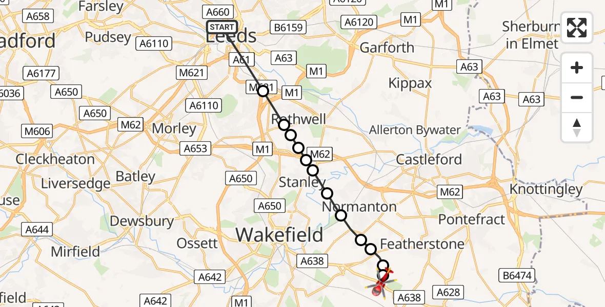 Flight path map showing Air Ambulance Helicopter route from Leeds to YAA Nostell Helicopter Port