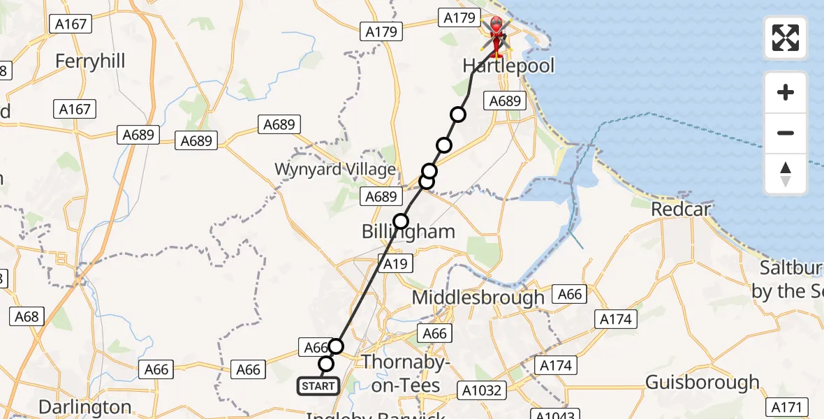 Flight path map showing Air Ambulance Helicopter route from Preston-on-Tees to Hartlepool