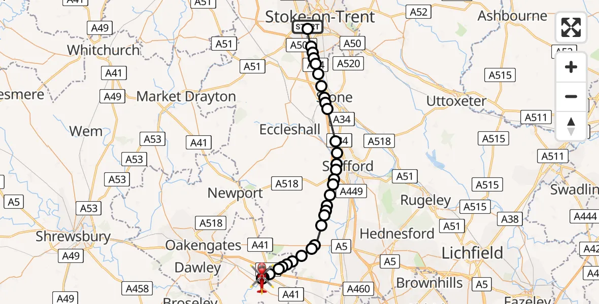 Flight path map showing Air Ambulance Helicopter route from University Hospital North Staffs to Cosford