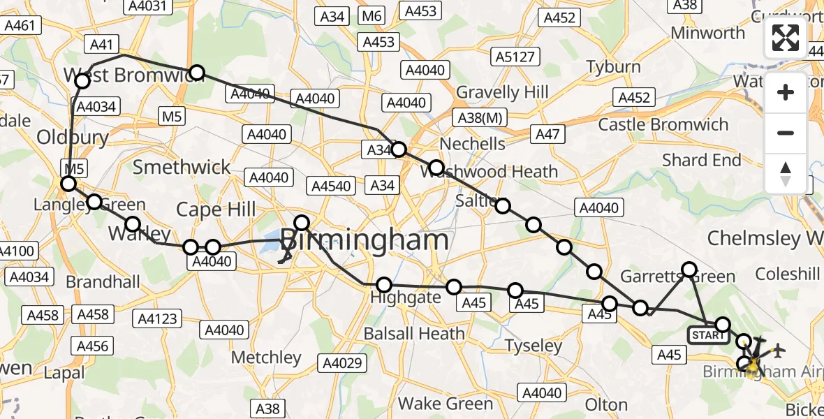 Flight path map showing Police Helicopter route from Birmingham to Birmingham Airport
