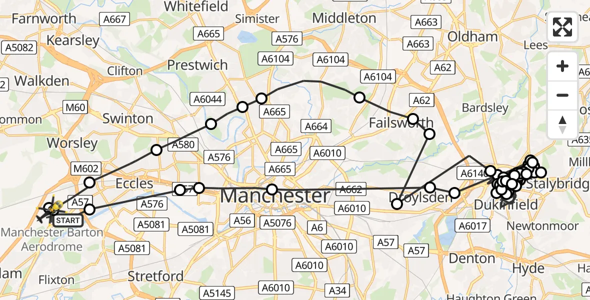 Flight path map showing Police Helicopter route from Manchester Barton Aerodrome to Manchester Barton Aerodrome