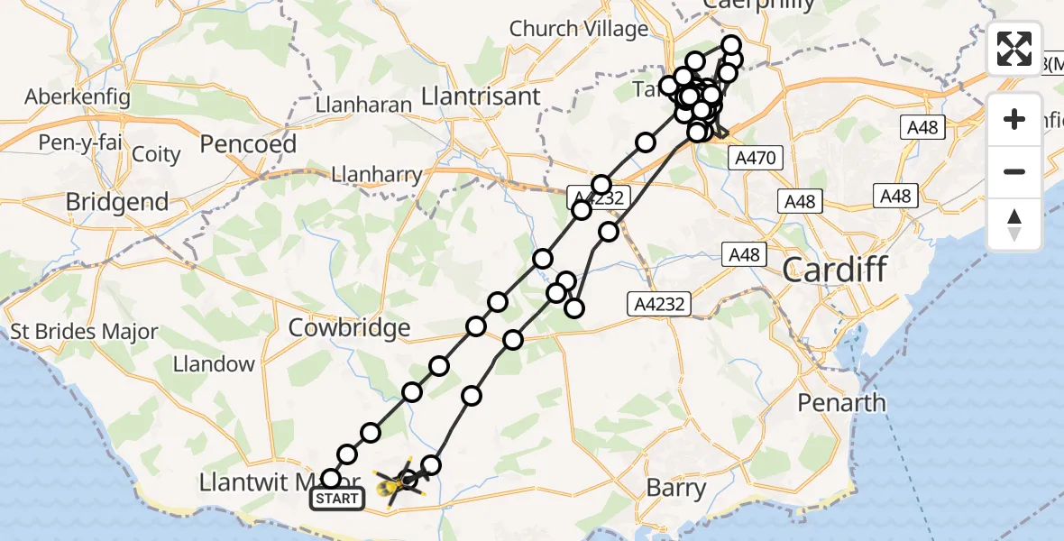 Flight path map showing Police Helicopter route from MOD St Athan to MOD St Athan