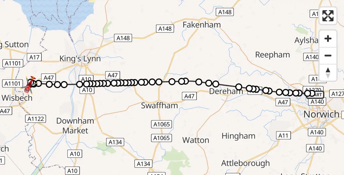 Flight path map showing Air Ambulance Helicopter route from Norwich Airport to West Walton
