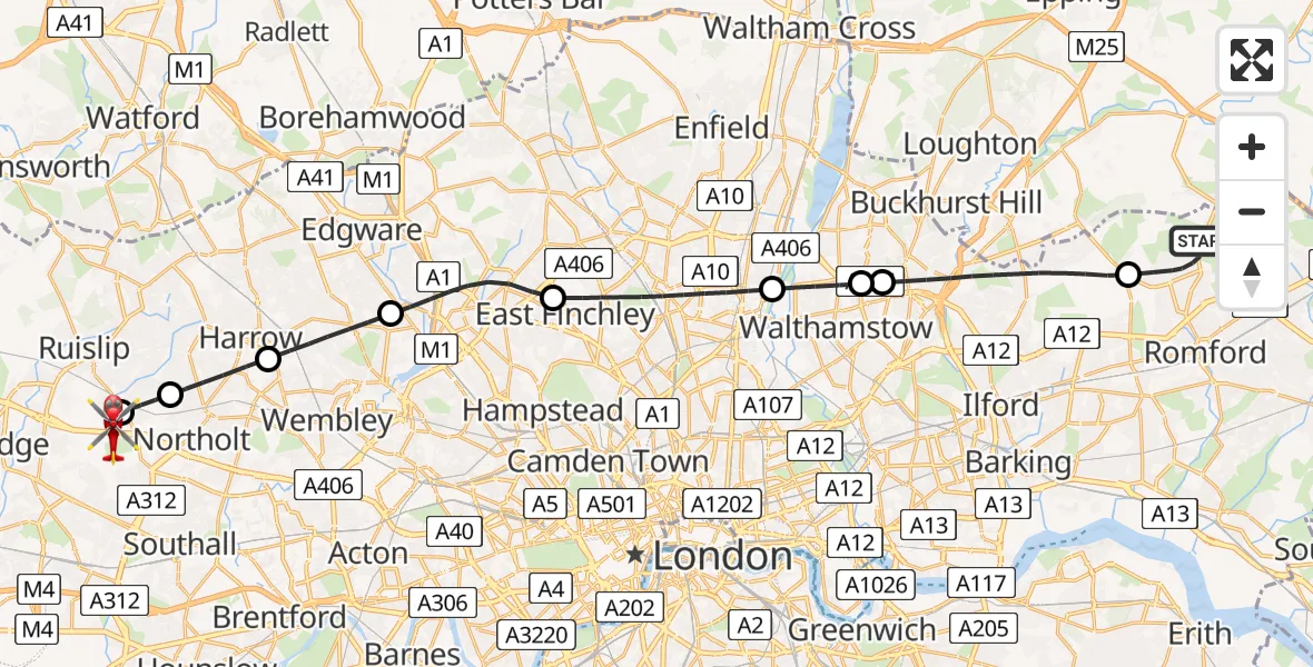 Flight path map showing Air Ambulance Helicopter route from London Borough of Havering to RAF Northolt