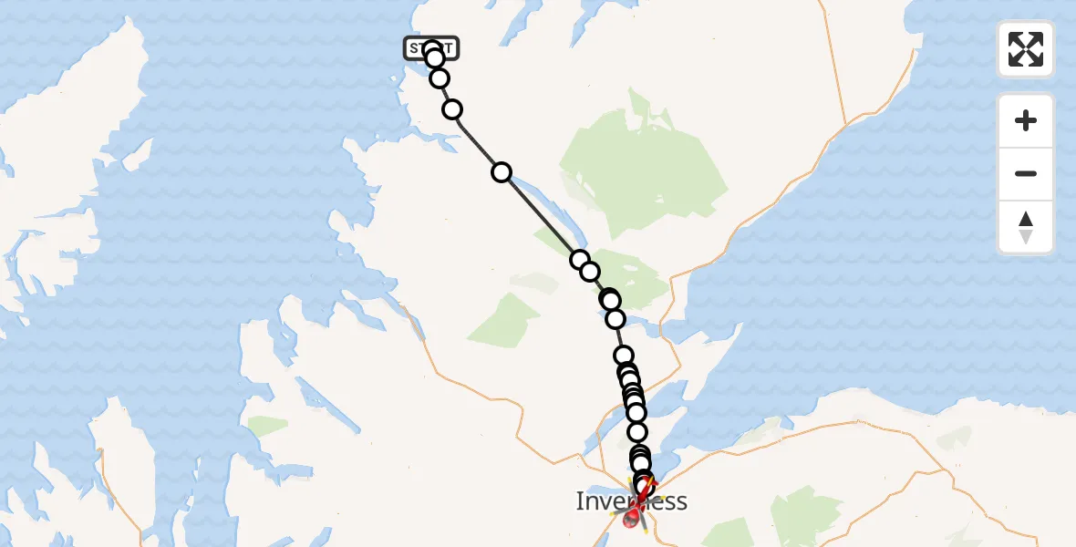 Flight path map showing Air Ambulance Helicopter route from Kinlochbervie to Inverness