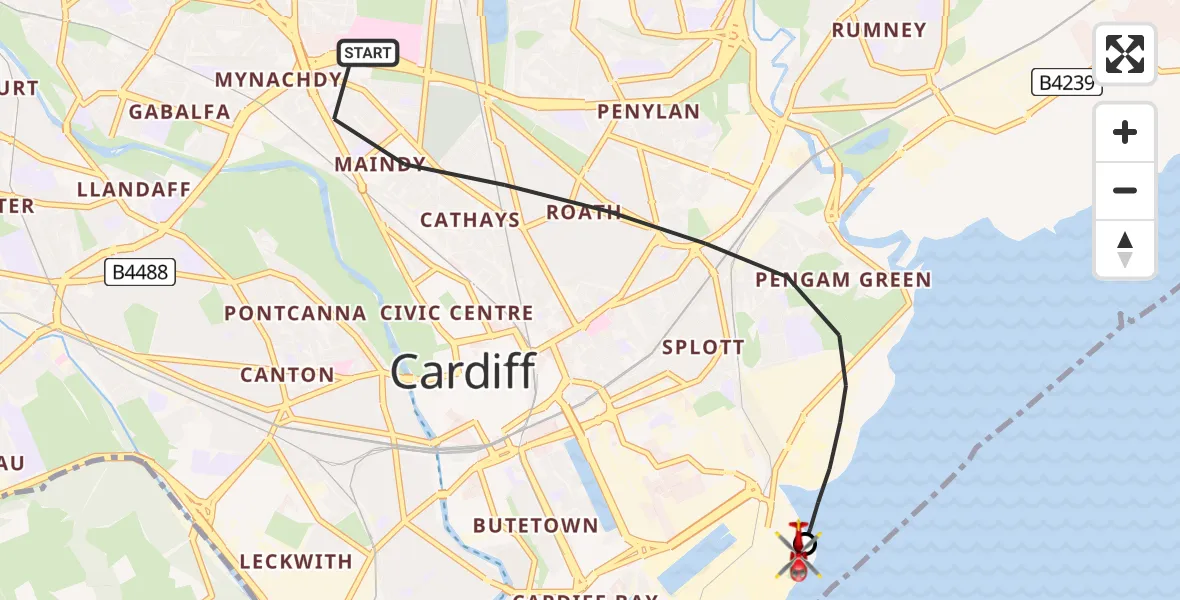 Flight path map showing Air Ambulance Helicopter route from Cardiff to Cardiff Heliport